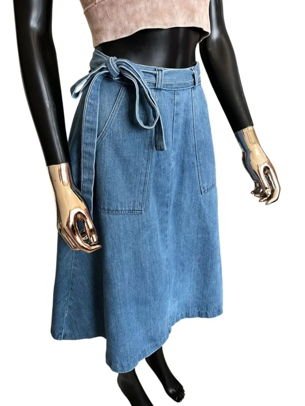 Wrangler Vintage Denim Wrap Skirt Size 5/6 Blue Tie Waist A-Line Midi Western